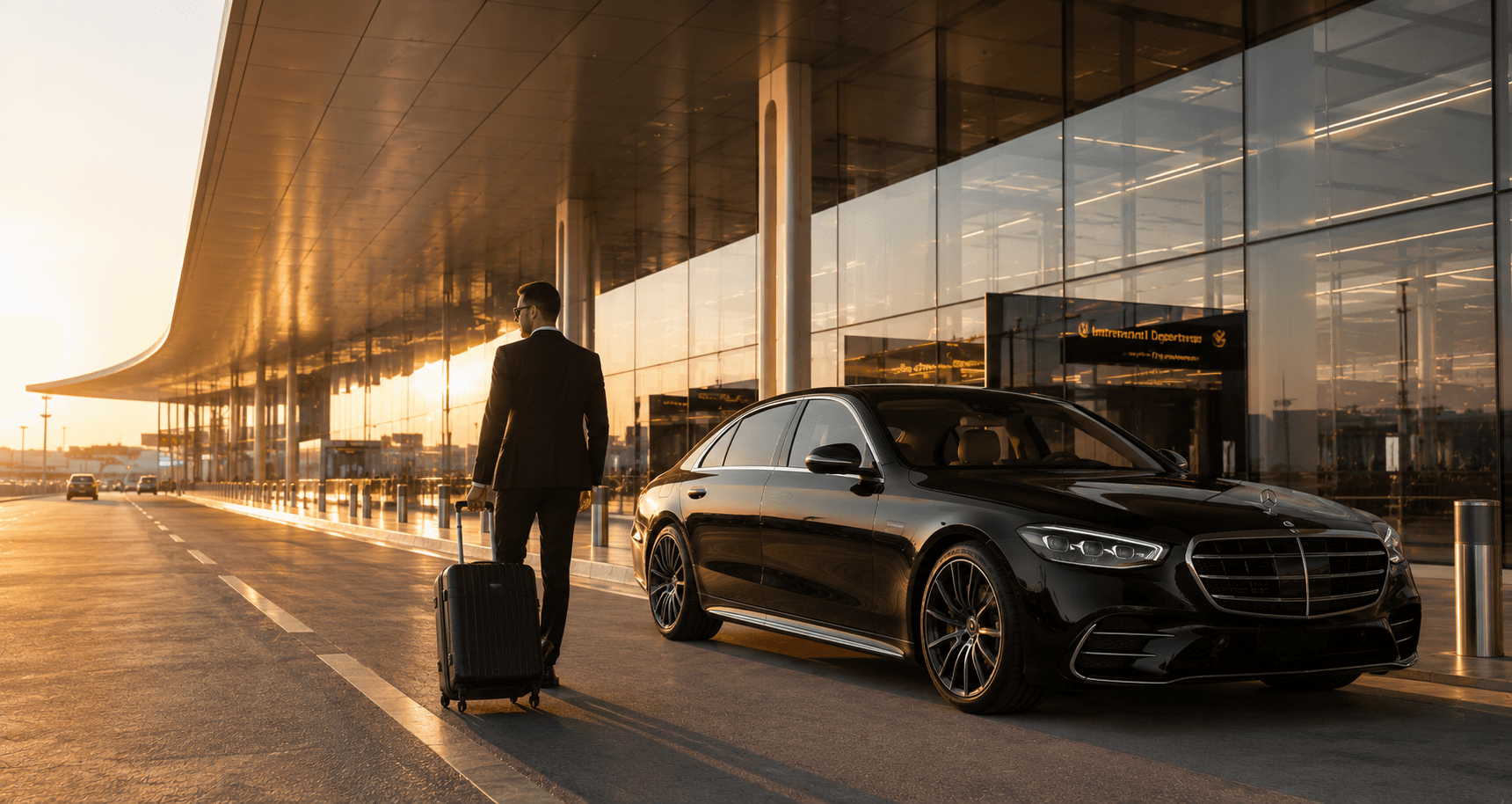 A traveller walking to a waiting black saloon outside an airport terminal at sunrise.