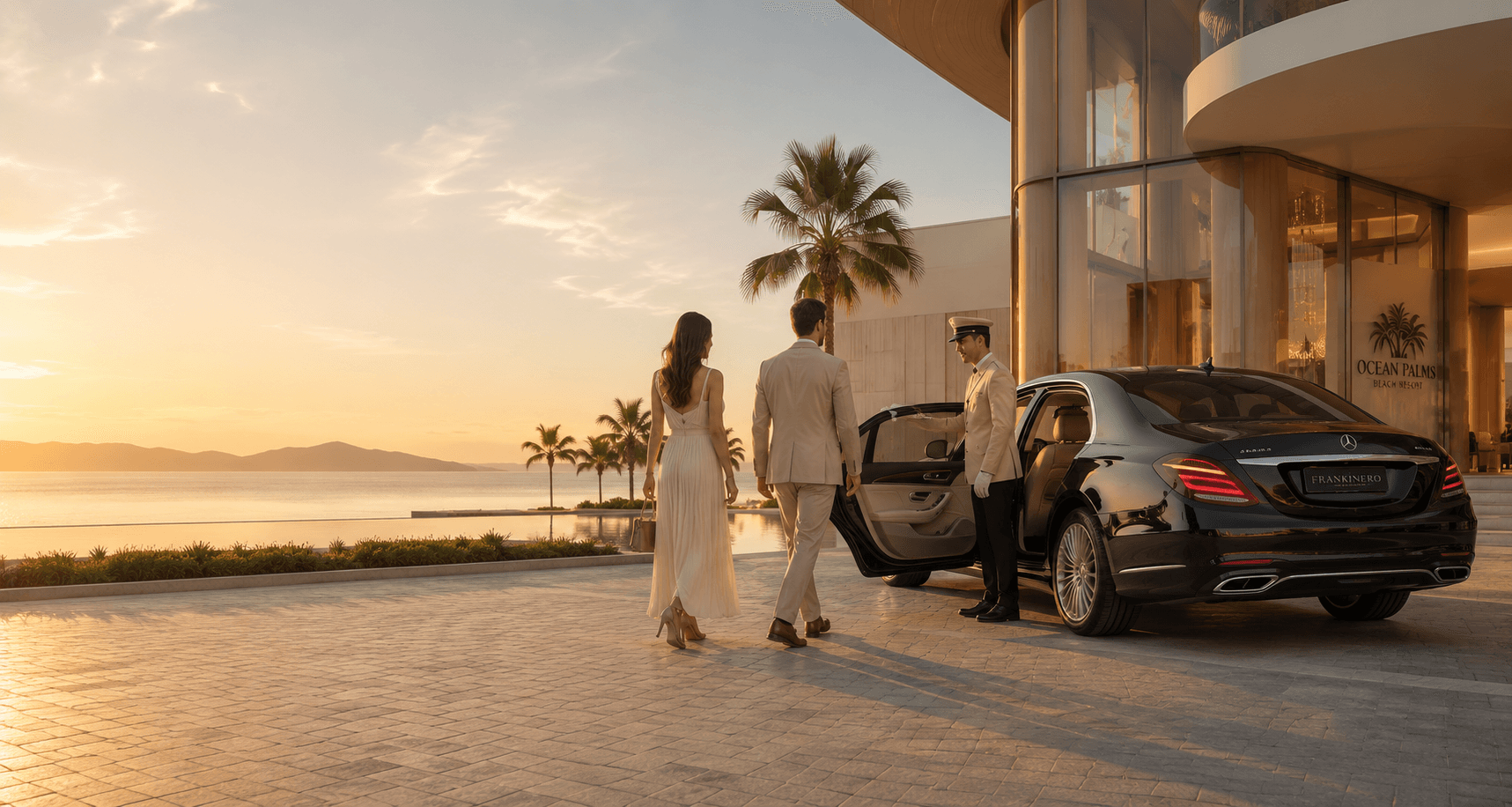 A couple arriving at a beachfront resort as a valet opens the door of a black saloon.